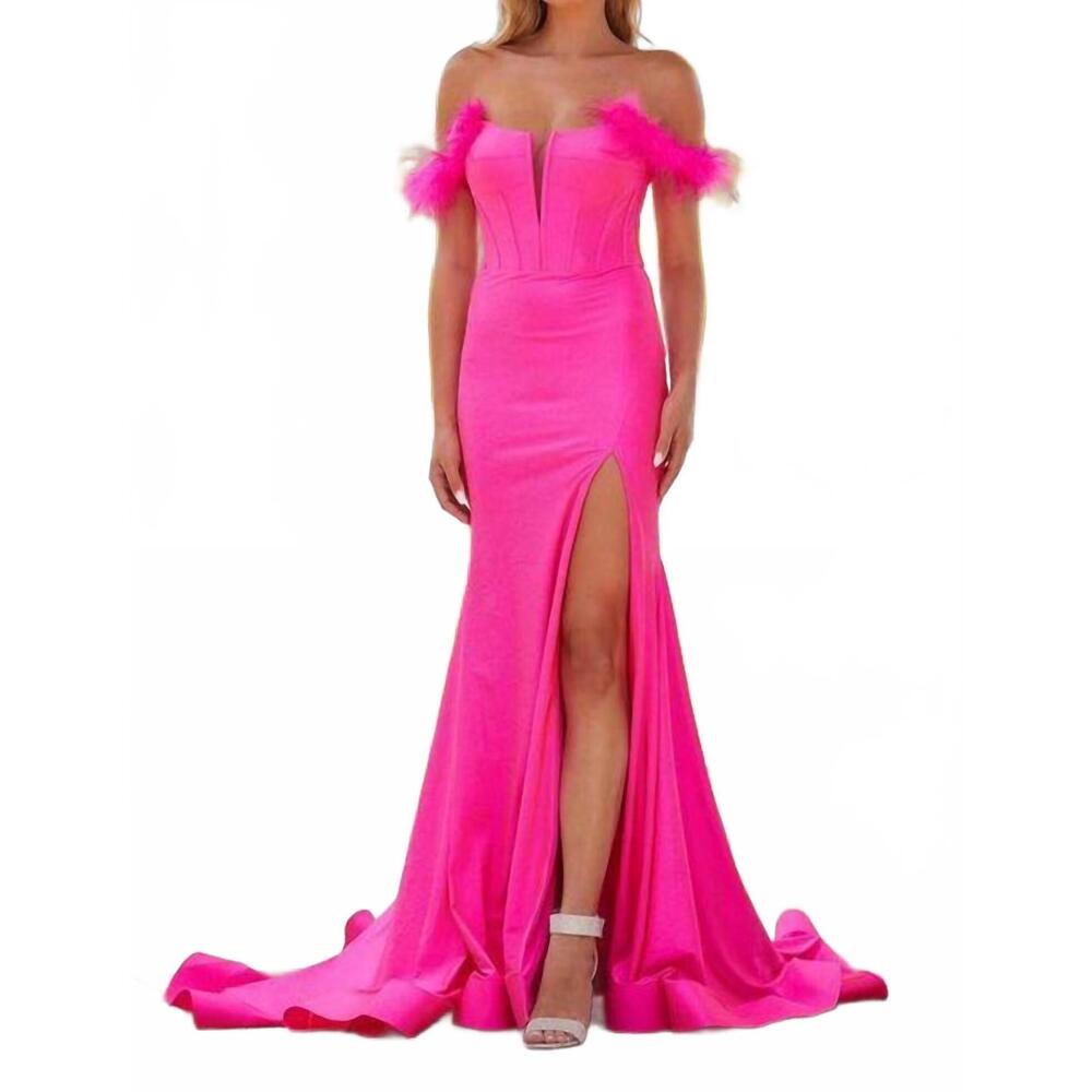 NEW AMARRA feather off shoulder gown in bright fuchsia